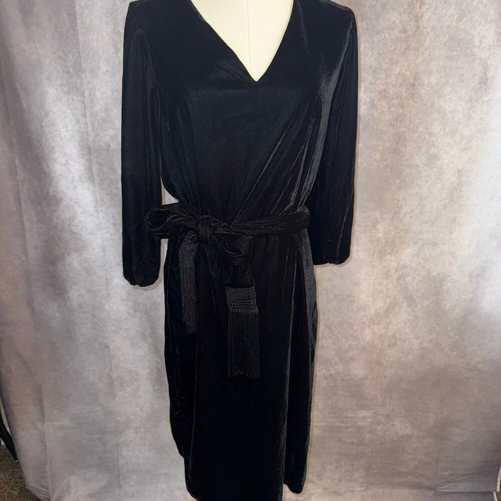 Lauren by Ralph Lauren Velvet Style Midi Little Black Dress Long Sleeve Bow Tie - Picture 4 of 15